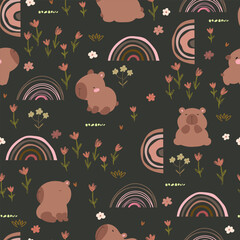 Capybara , rainbows and cute flowers. Cartoon print on dark background, seamless pattern illustration for kids