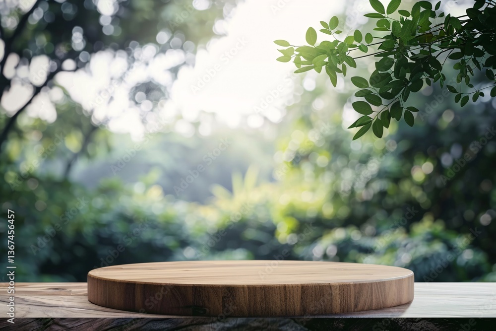 Poster round wooden podium on table with green bokeh background for showcasing products