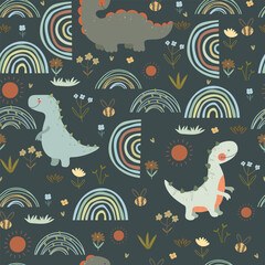 Obraz premium Seamless pattern with dino , many flowers and plants, bee, sun and rainbows. Cute vector illustration for kids.