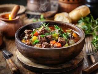 Warm Beef Stew in Rustic Wooden Bowl