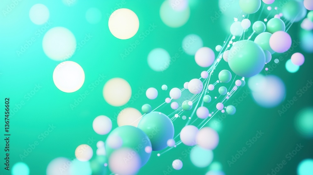 Poster a vibrant, abstract image featuring colorful spheres and flowing lines against a soft green backgrou