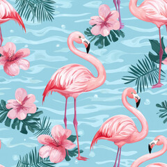 Obraz premium Pink flamingos standing gracefully with tropical flowers and leaves on blue background, Cute Textile Seamless Pattern Background