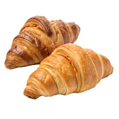 Two Freshly Baked Golden Croissants on a transparent background, Pastry, Bakery, Breakfast
