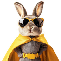Bunny wearing sunglasses and a superhero cape, isolated on white background