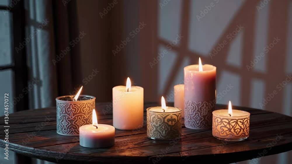 Poster flickering candlelight on rustic table with shadow play in cozy setting