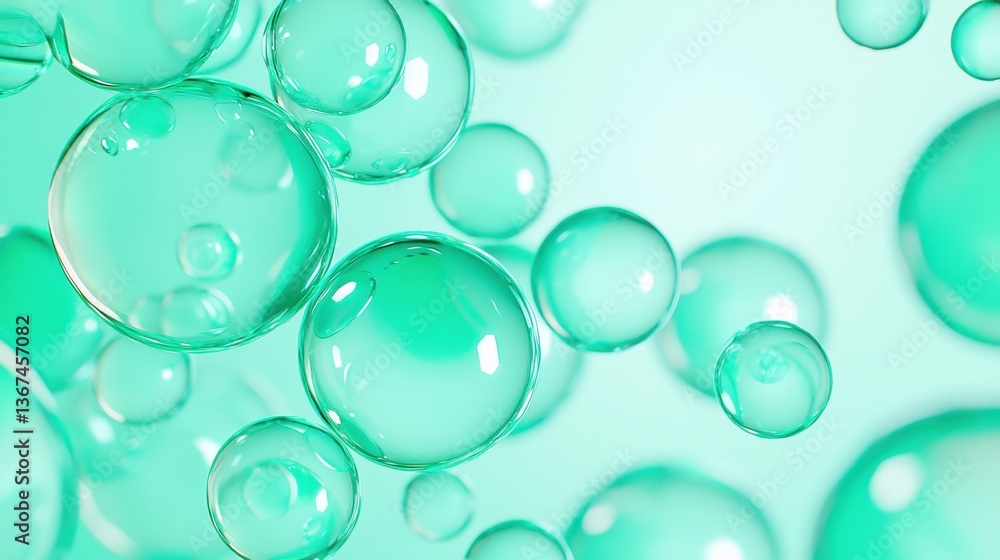 Aufkleber a close-up of translucent green bubbles floating against a soft turquoise background, creating a ser