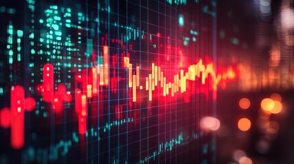 Fototapeta premium A financial stock market chart with red and green candlesticks glowing against a dark grid