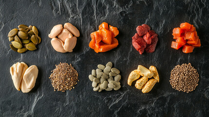 Fototapeta premium An overhead shot of ten piles of various seeds and nuts on a dark textured surface in an organized way