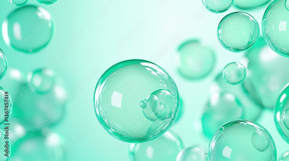Poster a vibrant close-up of translucent bubbles floating in a soft green background, evoking a sense of tr