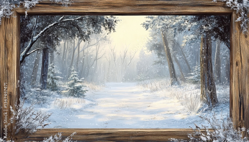 Poster winter wonderland forest scene: snow covered trees and pathway in a rustic wooden frame