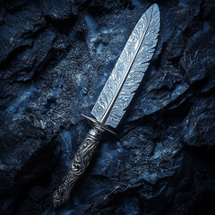 Intricate silver dagger rests on dark rocky surface