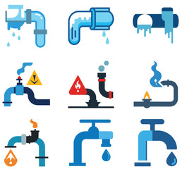 Fototapeta premium Vector plumbing icons illustrate an isolated 3D set of metal water pipes and valves for bathroom equipment