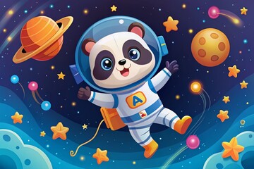 Fototapeta premium Cute Astronaut Panda Learning Letter A: Kids Alphabet Illustration