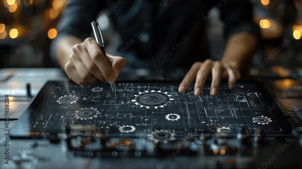 Poster thinking process,drawing flowchart businessperson using tablet computer gear icons,network structure