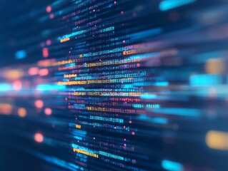 Colorful programming code lines on blurred dark blue background 3D Rendering