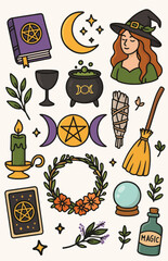 A set of illustrations on the theme of the religion of Wicca, paganism, witches, natural magic. Vector cute magic illustration, magic stickers
