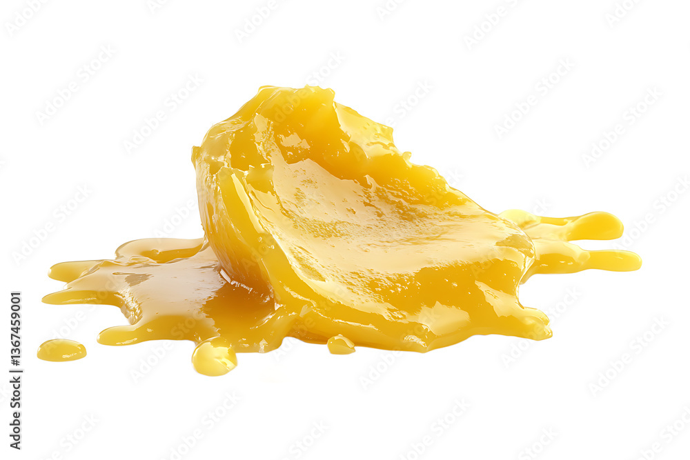 Poster a close up shot of a blob of yellow goo or slime with some liquid dripping on a black background