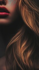 Naklejka premium Caucasian woman's red lips and flowing hair in dramatic lighting