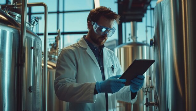 A scientist in a white coat and blue gloves is holding an iPad, wearing safety goggles, and standing next to large stainless steel tanks of beer production equipment - Powered by Adobe