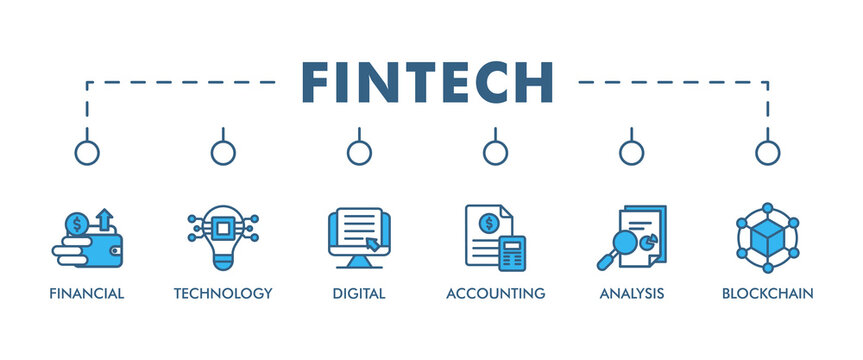 FINTECH banner web icon vector illustration concept with icon of financial, technology, digital, accounting, analysis and blockchain