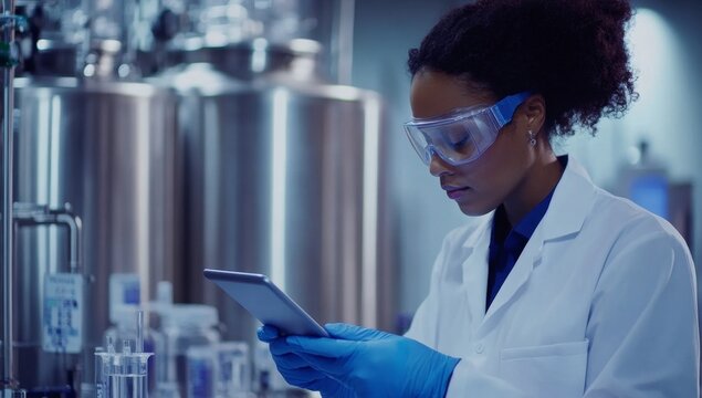 A scientist in a white coat and blue gloves, wearing safety goggles, is using an iPad to make data entries. Large metal fermentation tanks are visible in the background - Powered by Adobe