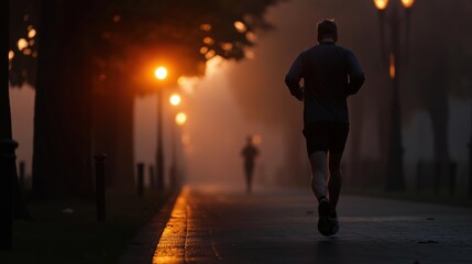 Man jogging on a street at sunset. the man is wearing a black t-shirt and shorts and is running on a wet pavement.