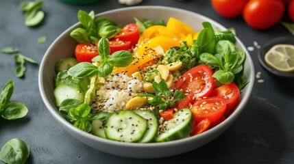 Close-up of a bowl of salad. the bowl is white and is placed on a black countertop.