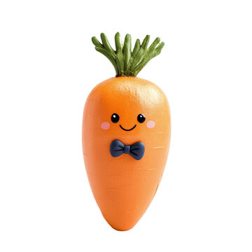 Carrot with a cute face and a tiny bow tie, isolated on white background