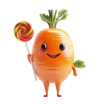 Carrot with a cute face and holding a lollipop, isolated on white background