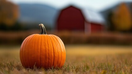Close-up of a single orange pumpkin sitting on a grassy field. the pumpkin is in the center of the image, with its stem still attached. in the background, there is a red barn and a mountain range.