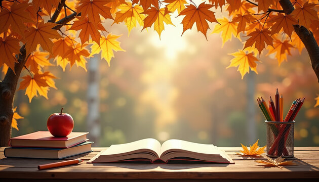 Back to school setup with books and pencils in fall sunlight