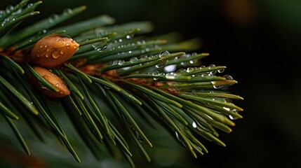 Close-up of a pine tree branch with water droplets on it. the branch is covered in green needles and the droplets are glistening in the light.