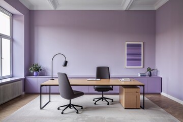 Fototapeta premium Minimalist Office Design with Soothing Lavender Walls and Spacious Layout