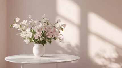 Naklejka premium A delicate bouquet of cherry blossoms and white tulips placed on a minimalist white table.