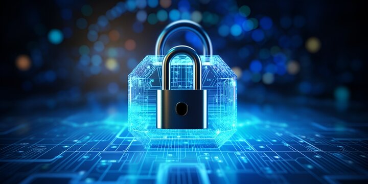 A futuristic digital lock surrounded by holographic data and circuitry, symbolizing advanced security