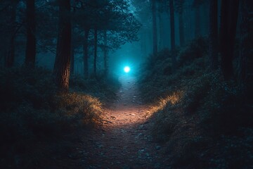  Night trail running with a headlamp illuminating the path. The surrounding forest is cloaked in darkness, with only the narrow beam of light guiding the way through the dense trees