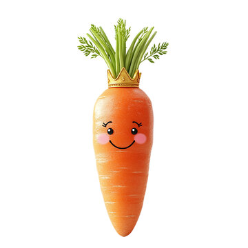 Carrot with a happy face and a golden crown, isolated on white background