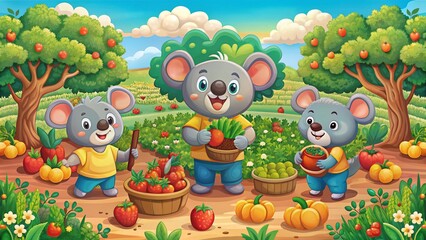 Fototapeta premium Cute Koala Farmers Harvesting Fruits & Vegetables Cartoon Illustration