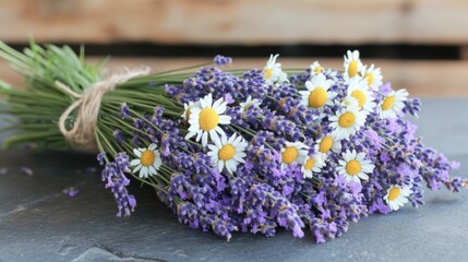 Fototapeta premium A fresh-cut bouquet of fragrant lavender and chamomile flowers tied together with twine.