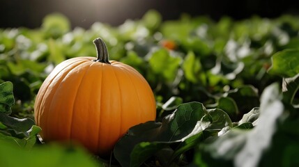 Close-up of a single orange pumpkin lying on a bed of green leaves. the pumpkin is in the center of the image and is facing towards the right side of the frame.