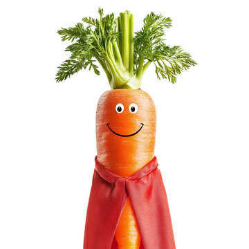 Carrot with a happy face and a superhero cape, isolated on white background