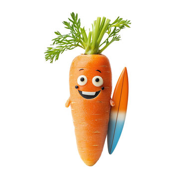Carrot with a happy face and a surfboard, isolated on white background