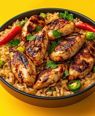 Fototapeta premium Delicious Grilled Chicken Served Over Flavorful Rice with Fresh Vegetables Against a Bright Yellow Background