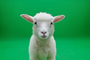 Fototapeta premium An adorable lamb is looking directly into the camera on green
