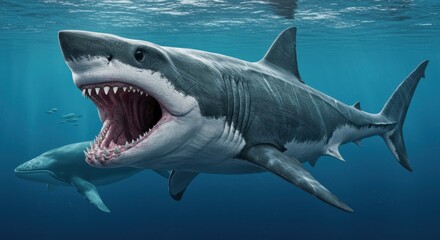 Fototapeta premium Great White Shark Attacking Whale Underwater Scene