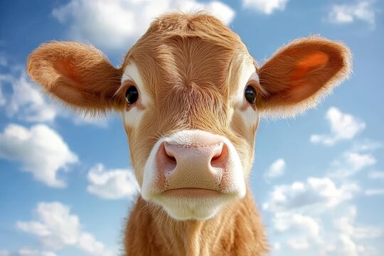 Close-up of curious brown calf against clear blue sky with soft clouds