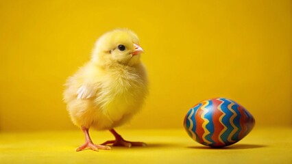 Cute Yellow Chick Holding Easter Egg on Yellow Background - Spring Holiday Stock Photo