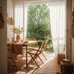 Obraz premium Simple composition terrace interior table chairs brown tablecloth