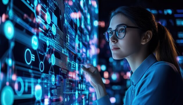 Focused Woman Interacting With Futuristic Blue Digital Interface