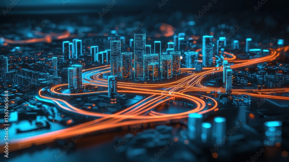 Poster this image depicts a dense futuristic city skyline at night with a network of illuminated highways a